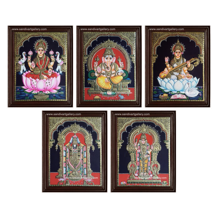 Ganesha Lotus Lakshmi Saraswati Subramanya Swamy and Balaji- Pooja Room Tanjore Painting